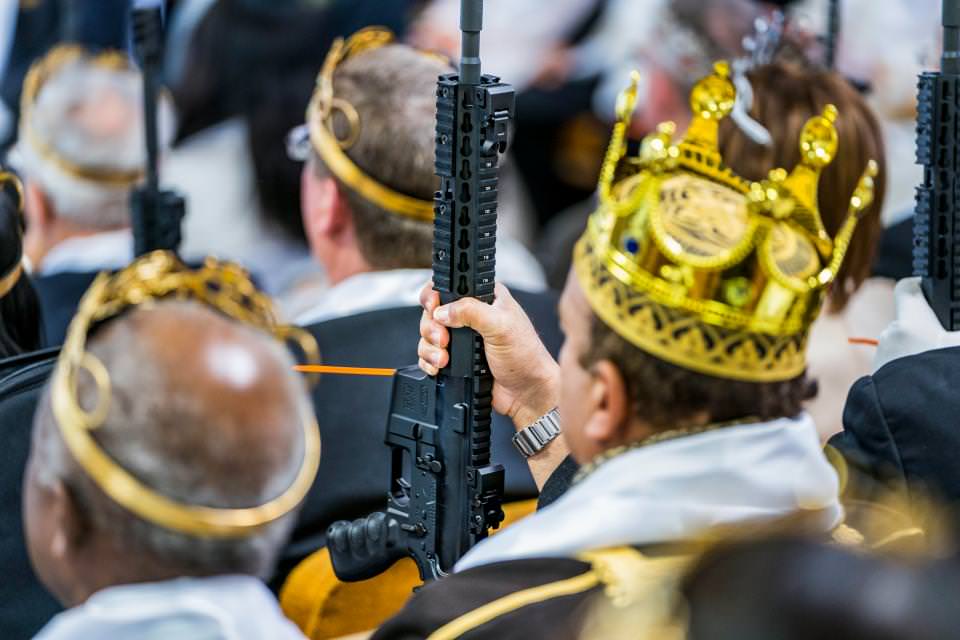 "Crown-wearing worshippers clutching AR-15 rifles drank holy wine and exchanged or renewed wedding vows in a commitment ceremony at a Pennsylvania church on Wednesday, prompting a nearby school to cancel classes."