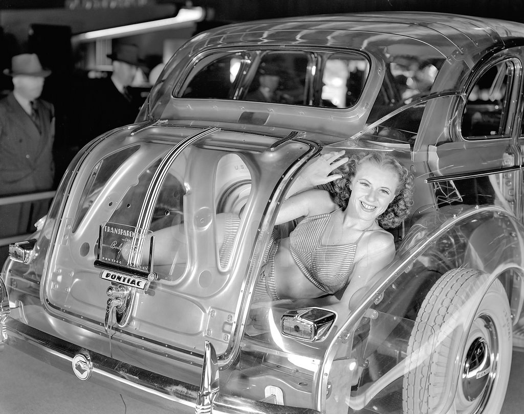 A model shows how clear the Pontiac Ghost Car was during a viewing Detroit, Michigan, US in 1940.