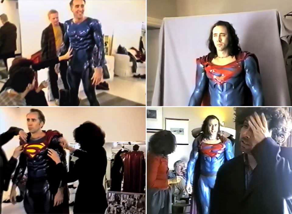 Nicolas Cage (with Tim Burton) doing costume tests for the scrapped Superman Lives.