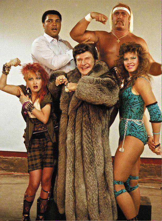 Publicity pic for Wrestlemania 1 with Muhammad Ali, Hulk Hogan, Cyndi Lauper, Liberace, and Wendi Richter, 1985.