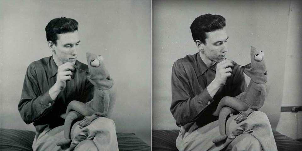 A very, VERY young and un-bearded Jim Henson working on the first version of Kermit, 1970-71ish.