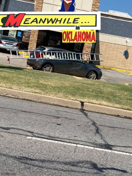 Braums Midwest City Ladder tied to Car side mirror
