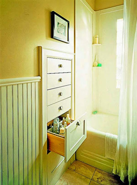Build drawers in the wasted space between studs in the wall.