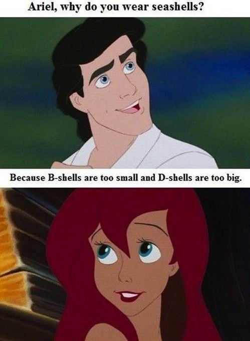 disney puns - Ariel, why do you wear seashells? Because Bshells are too small and Dshells are too big.