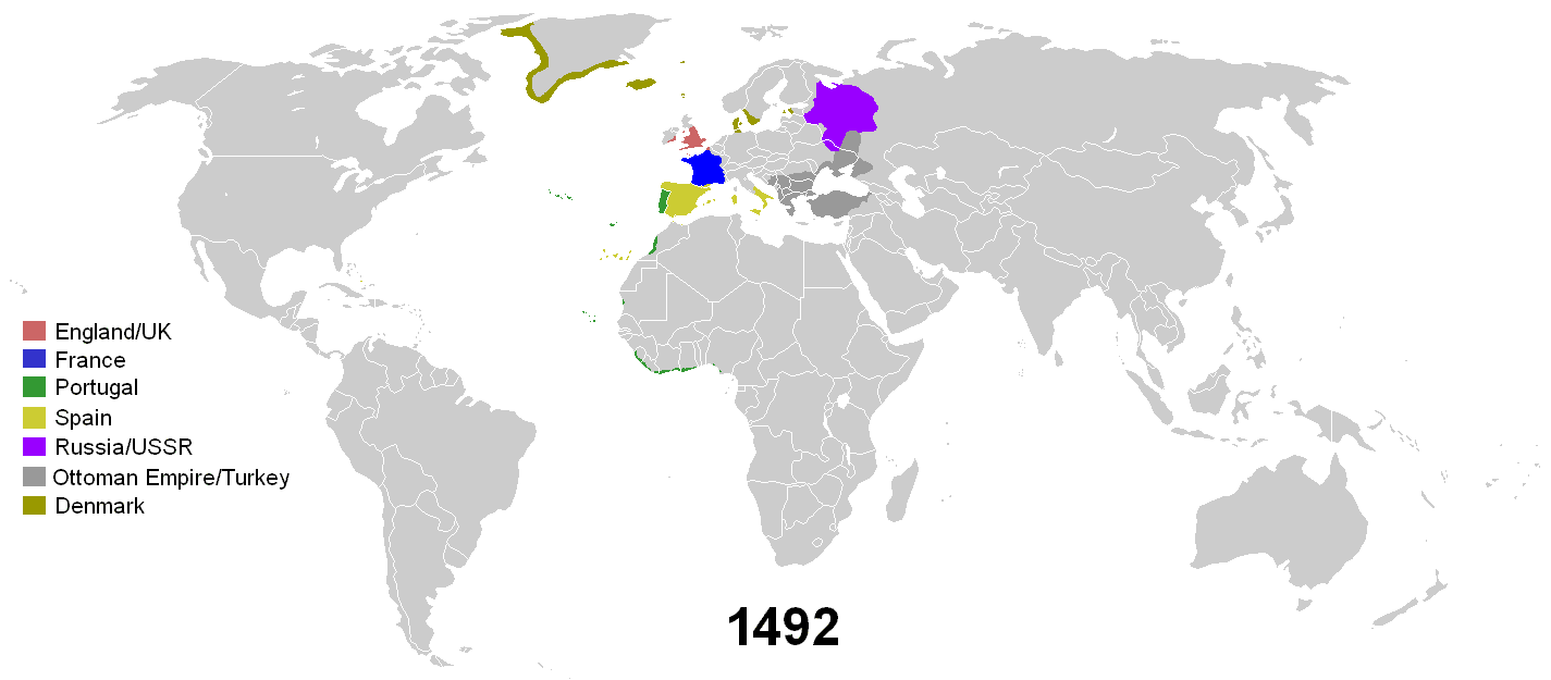 colonialism map gif - | EnglandUk France Portugal Spain RussiaUssr Ottoman EmpireTurkey Denmark 1492