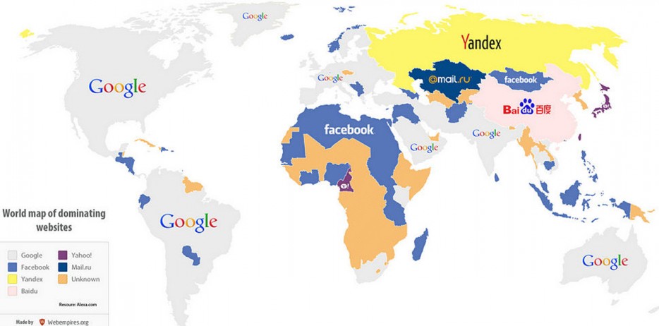 world map of dominating websites - Google Yandex Pogle .ru facebook Google Baie facebook Google Google World map of dominating websites Google Yahoo! Google Google Facebook Yandex Baidu Unknown Resoureles.com Made by Webempires.org