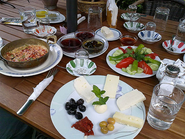 Turkey: Cheese, butter, eggs, spicy meat, and olives make up a traditional Turkish breakfast.
