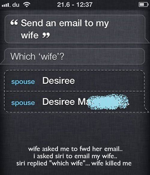 screenshot - unul du 21.6 66 Send an email to my wife Which 'wife'? spouse Desiree spouse Desiree Ma way wife asked me to fwd her email.. i asked siri to email my wife.. siri replied "which wife"... wife killed me