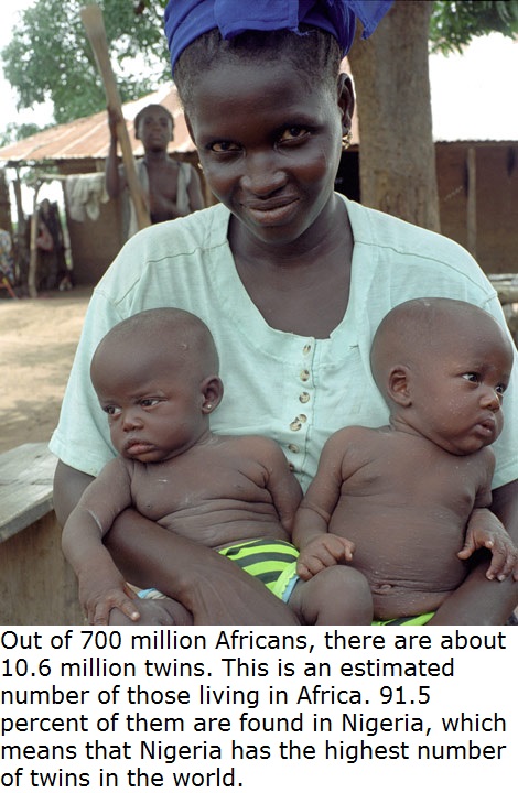 people - Out of 700 million Africans, there are about 10.6 million twins. This is an estimated number of those living in Africa. 91.5 percent of them are found in Nigeria, which means that Nigeria has the highest number of twins in the world.