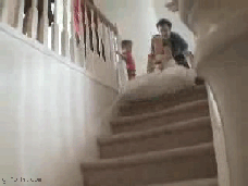 gifs - girl tries to mattress slide down the stairs and falls