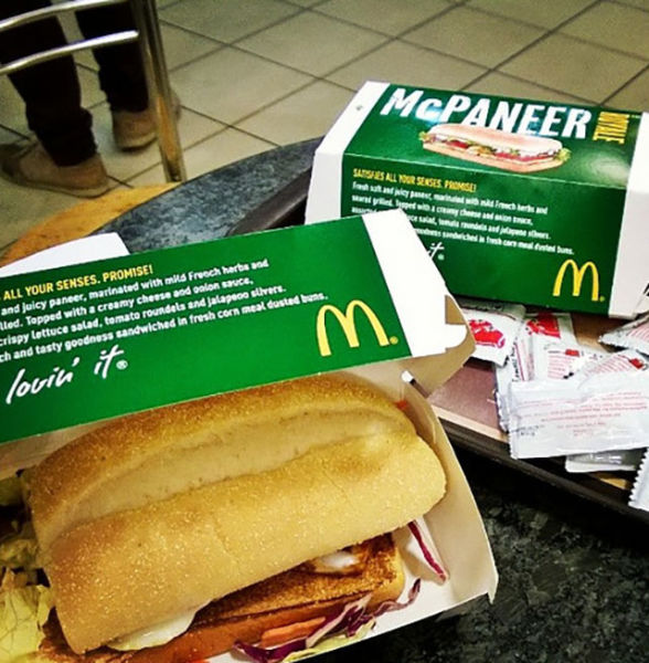 McPaneer, India - Just one of McDonald's India's many vegetarian options, the McSpicy Paneer is a burger consisting of soft crispy coated paneer cheese, lettuce, and a tandoori mayonnaise.