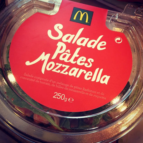 La Salade Pates Mozzarella Pasta Salad, France - Rotini and arugula mix with tiny balls of mozzarella for one of McDonald's lighter options in France.