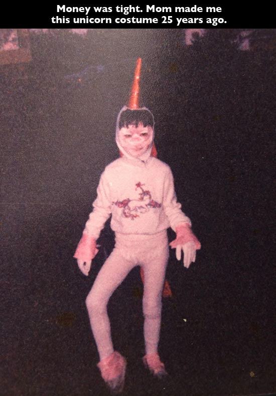 worst halloween costume ever - Money was tight. Mom made me this unicorn costume 25 years ago.