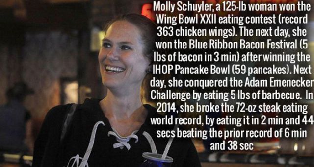 photo caption - Molly Schuyler, a 125lb woman won the Wing Bowl Xxii eating contest record 363 chicken wings. The next day, she won the Blue Ribbon Bacon Festival 5 Ibs of bacon in 3 min after winning the Ihop Pancake Bowl 59 pancakes. Next day, she conqu