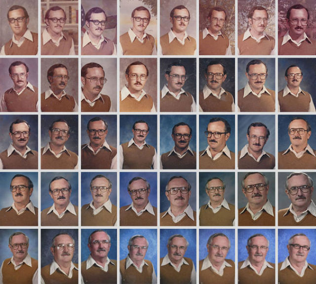 This teacher who wore the same outfit on picture day for 40 years.