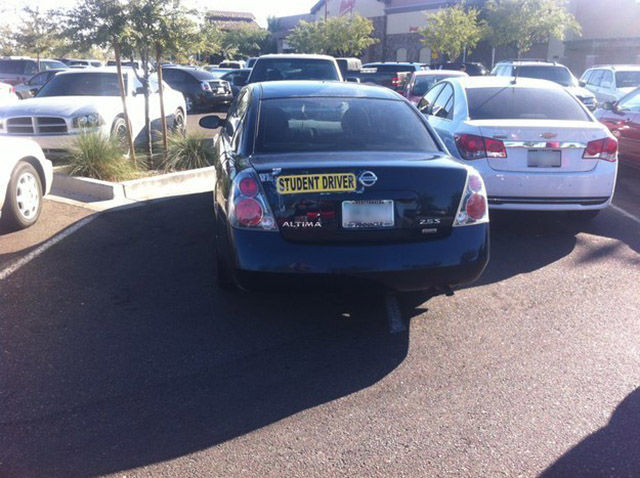 The parking lot crusader who slapped a “Student Driver” sticker on this Nissan Altima.