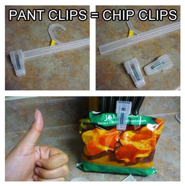 Snap off those worthless plastic pant hangers to keep your chips fresh.