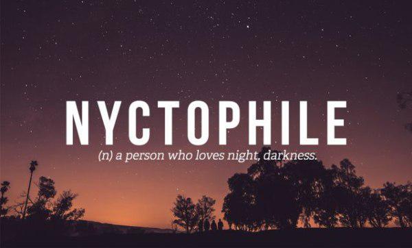 person who loves night - Nyctophile n a person who loves night, darkness.
