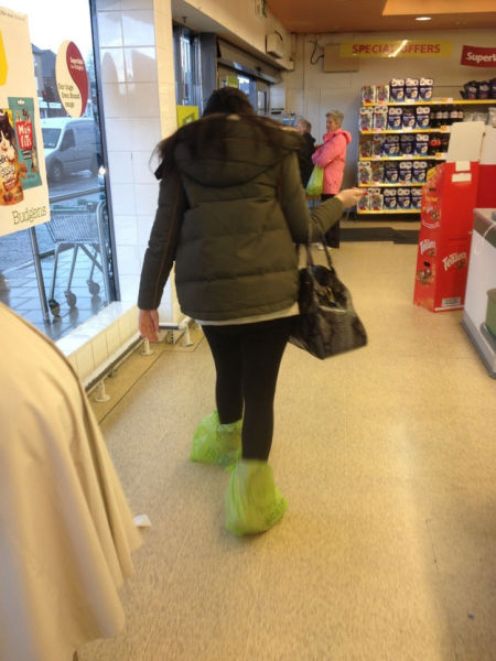 This woman, who used plastic bags to protect her Uggs from the rain.