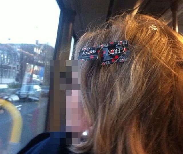 This woman, who took the bus with an empty condom packet stuck in her hair.