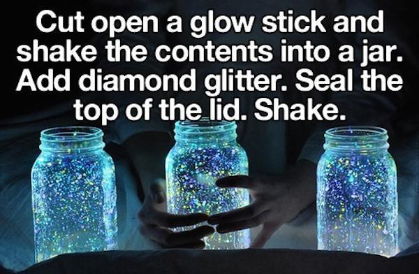 glow stick jars - Cut open a glow stick and shake the contents into a jar. Add diamond glitter. Seal the top of the lid. Shake.