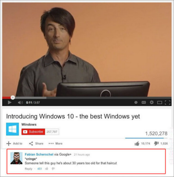 bad haircut multimedia - D Introducing Windows 10 the best Windows yet Windows Subscribe 257,797 1,520,278 Add to ... More 10,174 41 1,025 Fabian Scherschel via Google21 hours ago 'cringe Someone tell this guy he's about 30 years too old for that haircut 