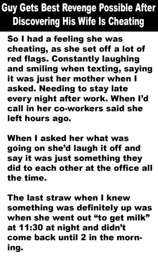 best revenge on a cheating husband - Guy Gets Best Revenge Possible After Discovering His Wife Is Cheating So I had a feeling she was cheating, as she set off a lot of red flags. Constantly laughing and smiling when texting, saying it was just her mother 