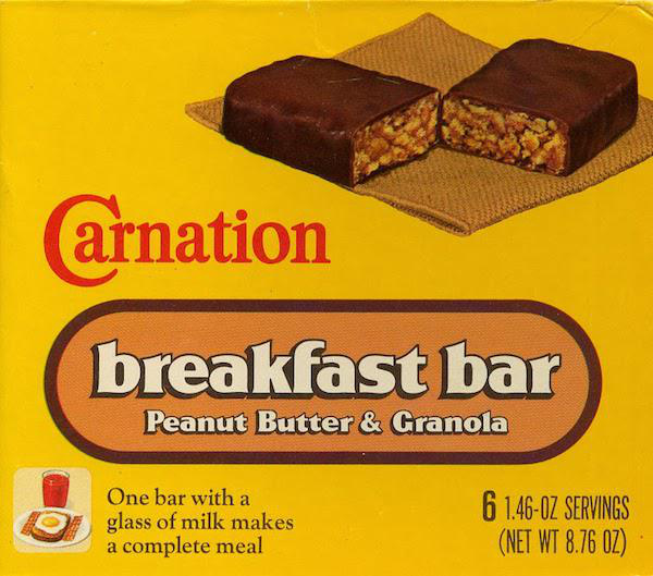Carnation Breakfast Bar
With the perfect blend of chocolate, peanut butter, and granola, these bars were definitely a reason to eat breakfast. As one of the original breakfast bars, these were on point. They were basically a candy bar slapped with a ‘breakfast bar’ logo because they had granola. Nice move Carnation.