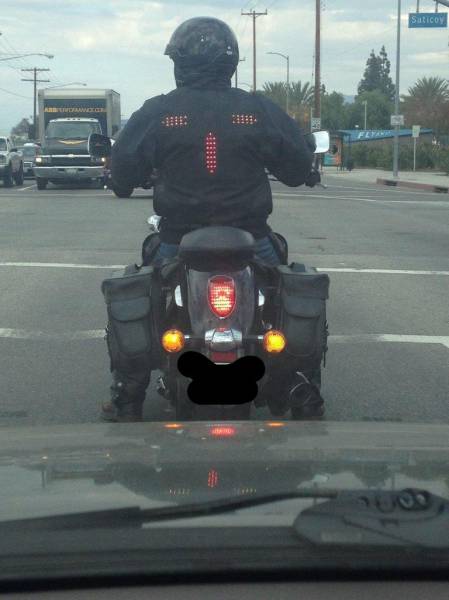 This bikers jacket has signal and brake lights