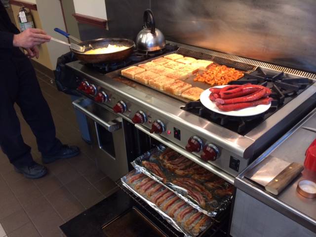 Sunday morning breakfast at the firehouse

Bacon, kielbasa, scrambled cheddar broccoli eggs, Leftover french fries as homefries, and french toast.