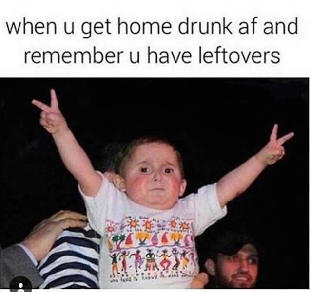 Funny meme of triumphant kid giving double peace sign captioned as the feeling when you remember you have left overs.
