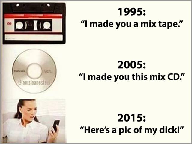 Brutal meme of how technology has changed romance, from making mix tap, to mix CD and now just sending dick pic.