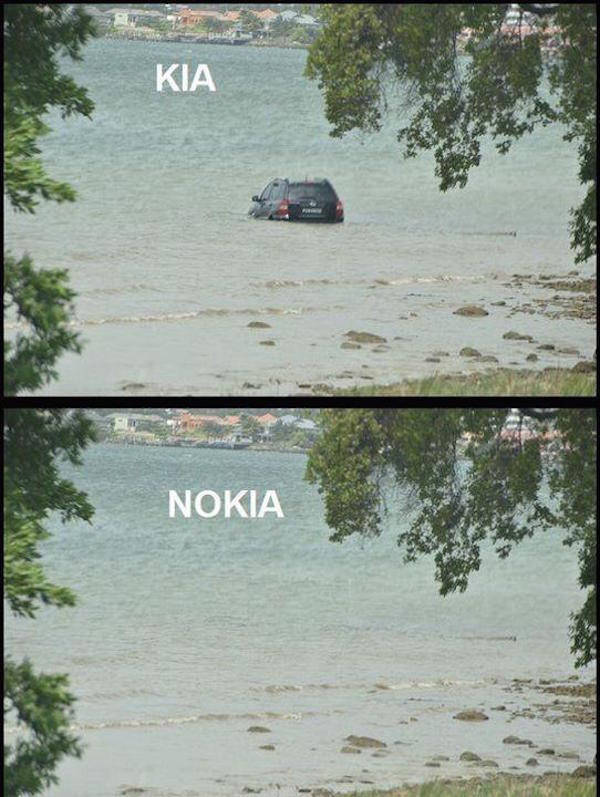 Hilarious meme of a Kia in the water, then it is gone so there is NOKIA - bad pun