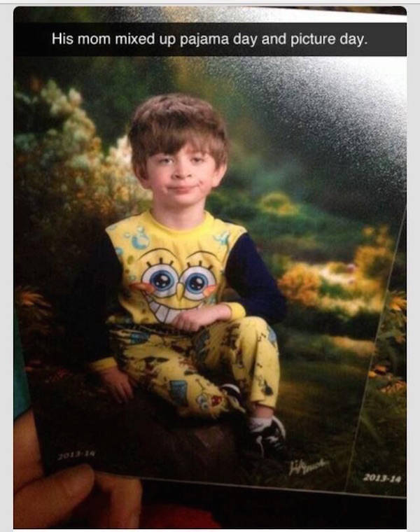 Skeptical faced kid in snapchat of a physical picture of a kid whos mom confused picture day and pyjama day, and he is posing with SpongeBob outfit.