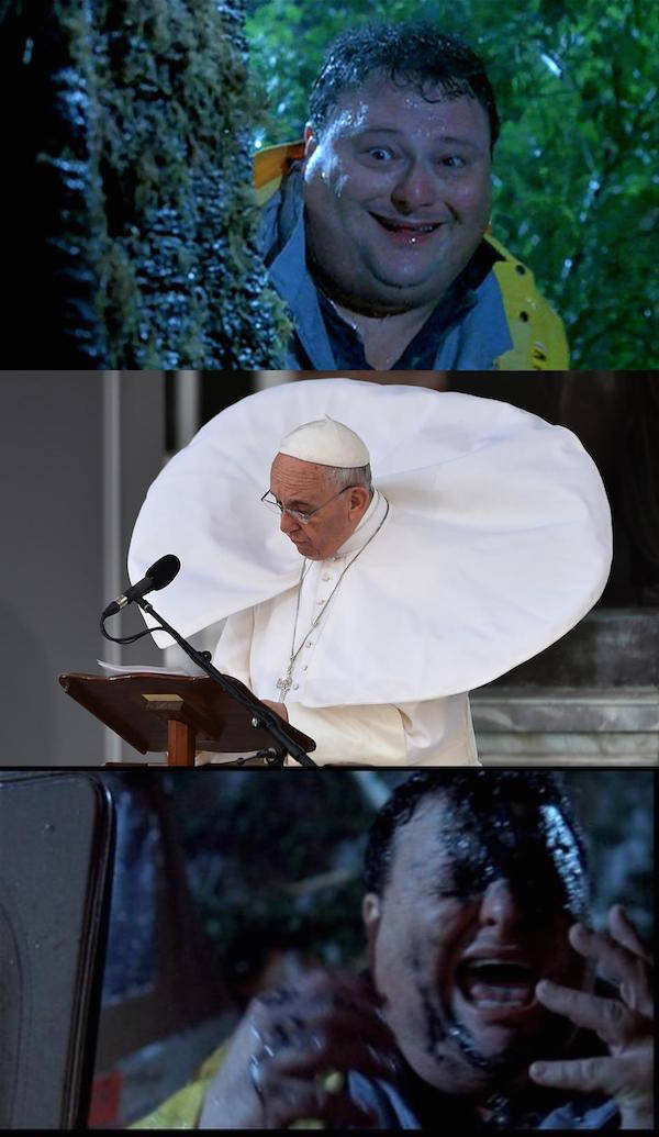 Jurassic Park meme that compares the Pope with his flaring over garb to a raging Dilophosaurus.