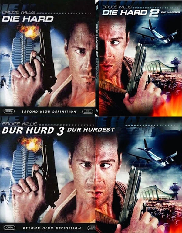 Hilarious Dur Hurd meme that combines the half faces of Bruce Willis from the Die Hard and Die Hard 2 movies.