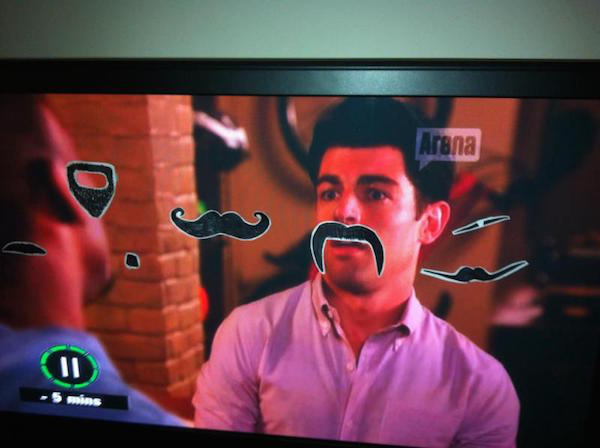 he Mustache Game

It’s simple.

Step 1: Attach a mustache to your TV.
Step 2: Drink when it lines up to someone’s face.