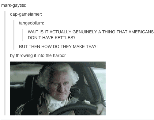 tumblr - throwing it into the harbor - markgaytits capgamelamer tangedollum Wait Is It Actually Genuinely A Thing That Americans Don'T Have Kettles? But Then How Do They Make Tea?! by throwing it into the harbor