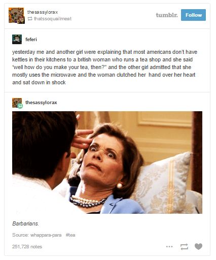 tumblr - celebrities getting trolled - the sassylorax thatssoguni mest tumblr. feferi yesterday me and another girl were explaining that most americans don't have kettles in their kitchens to a british woman who runs a tea shop and she said well how do yo
