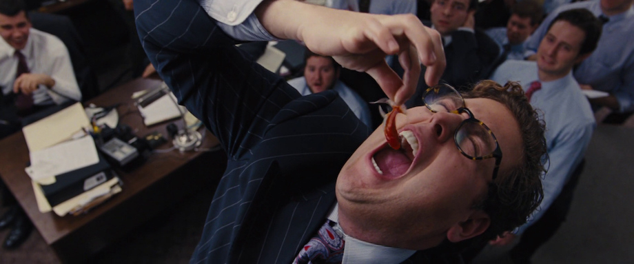 The Wolf of Wall Street

Jonah Hill wanted to eat a real goldfish because he wanted everything to be real. Regulations didn’t allow it. They had a real goldfish and three goldfish handlers/wranglers on set. Hill could keep the goldfish in his mouth for three seconds at a time and then they had to put it back in water unharmed.