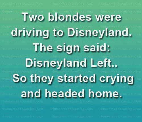 two blondes go to disneyland - Two blondes were driving to Disneyland. The sign said Disneyland Left.. So they started crying and headed home.
