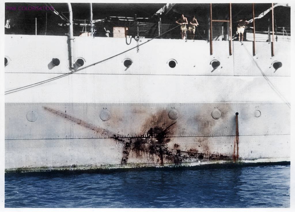 Kamikaze hit on HMS Sussex.