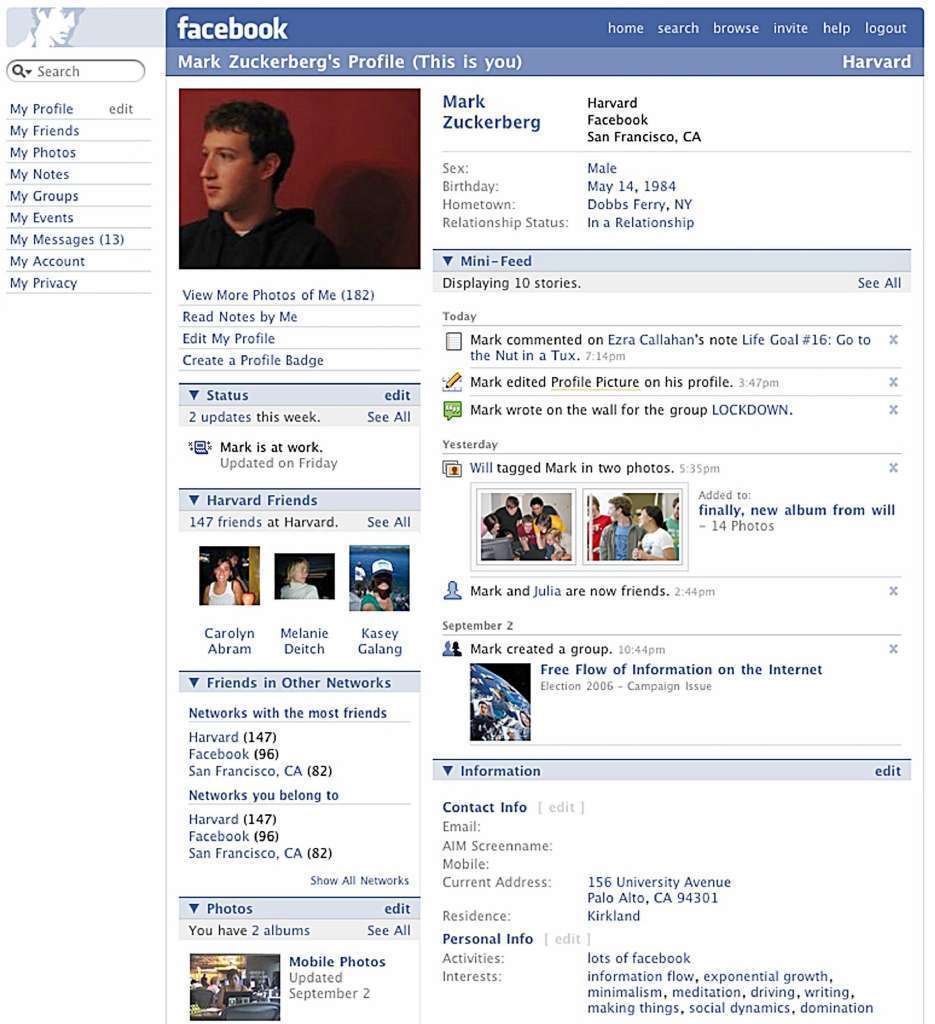 Mark Zuckerberg’s Facebook Profile in 2007.