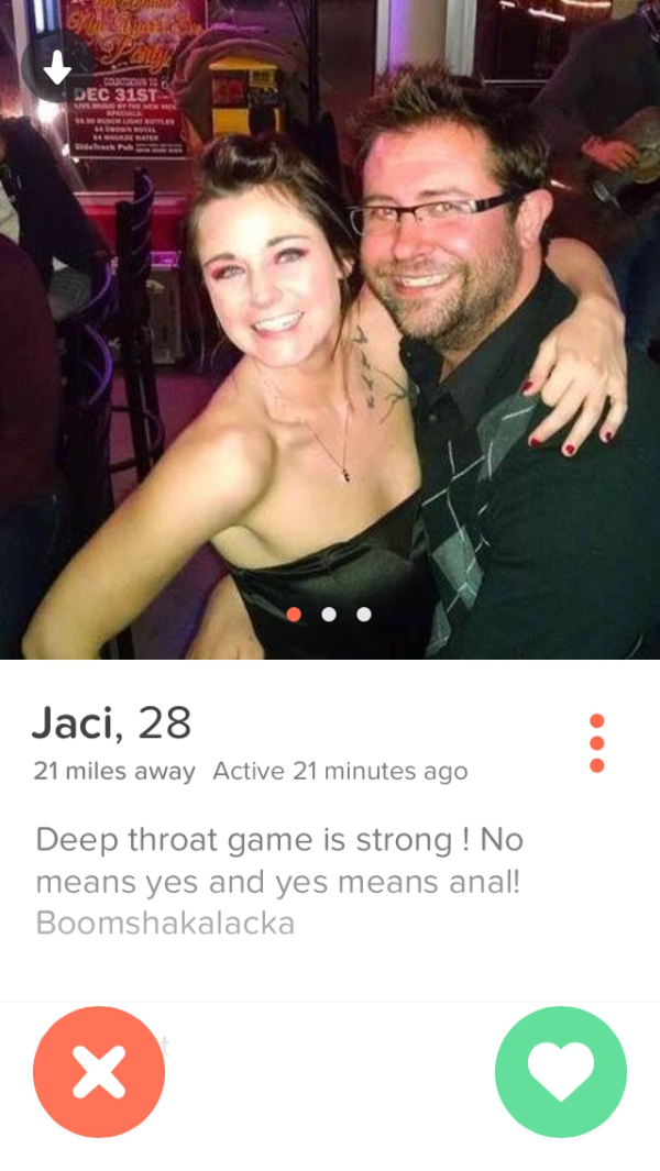 tinder - tinder 35 - Dec 31ST O Utler Web Jaci, 28 21 miles away Active 21 minutes ago Deep throat game is strong ! No means yes and yes means anal! Boomshakalacka