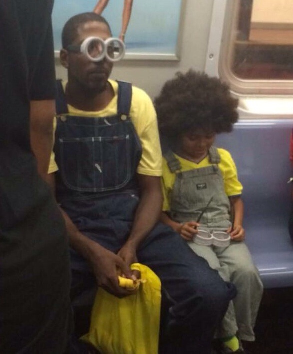 dad and son dressed as minions