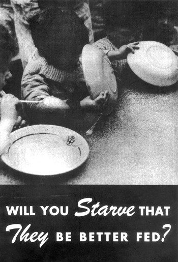Staff prepared a brochure designed specifically to appeal to the idealism of these young men. Its cover showed three young children staring at empty bowls, above the words: "Will you starve that they be better fed?"
