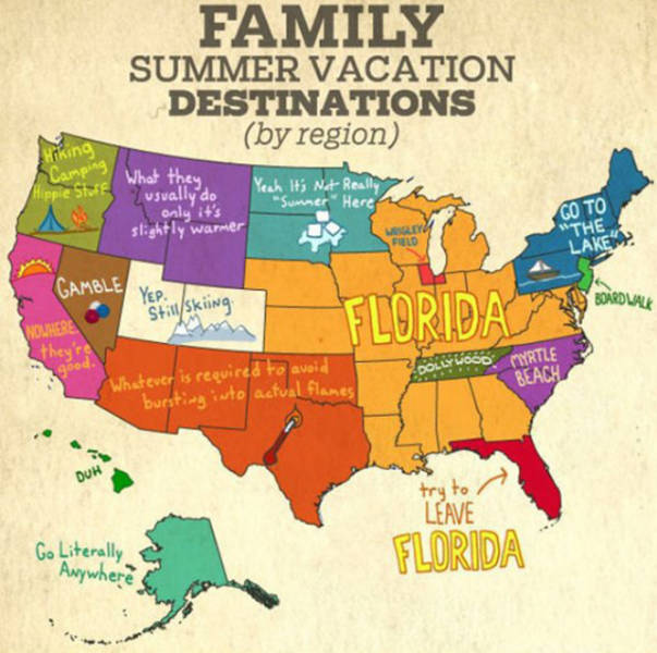 summer vacation funny - Family Summer Vacation Destinations by region amp What they do Usug 's Hippie 5 A Yeah It's Nat Really Sunser Here usually do only it's slightly warmer Co To Wthe Fo Lake Camble Yep lekung Board Lau Stuskiing Sonore they Myrtle Bea