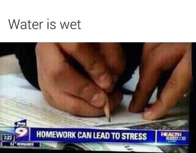 meme homework stress - Water is wet Homework Can Lead To Stress Father 12 Tardo