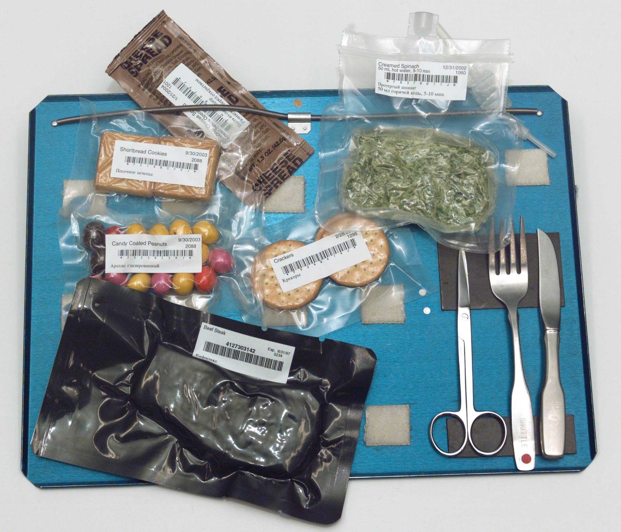 Food tray aboard the Space Shuttle. Note the use of magnets, springs, and Velcro to hold the cutlery and food in place.
