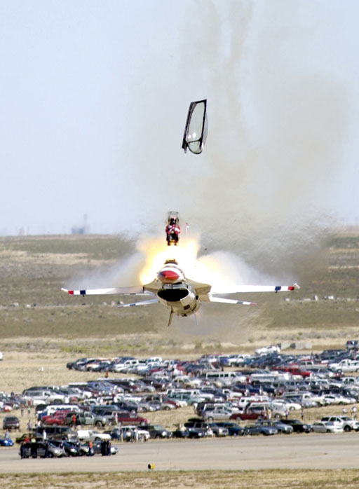 Capt. Strickland ejects from his F-16C at Mountain Home Air Force Base, Idaho